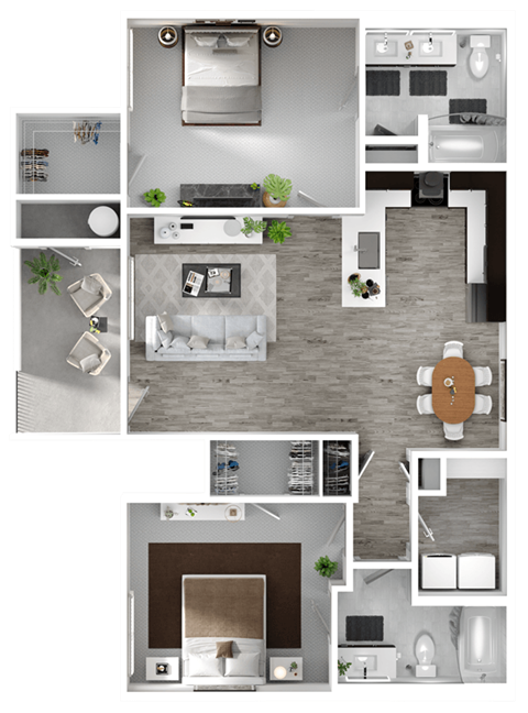 A floor plan of a modern apartment with a living room, kitchen, and bedrooms.